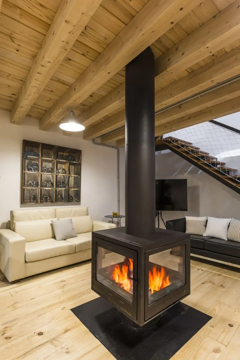Chimenea de leña encendida en el salón